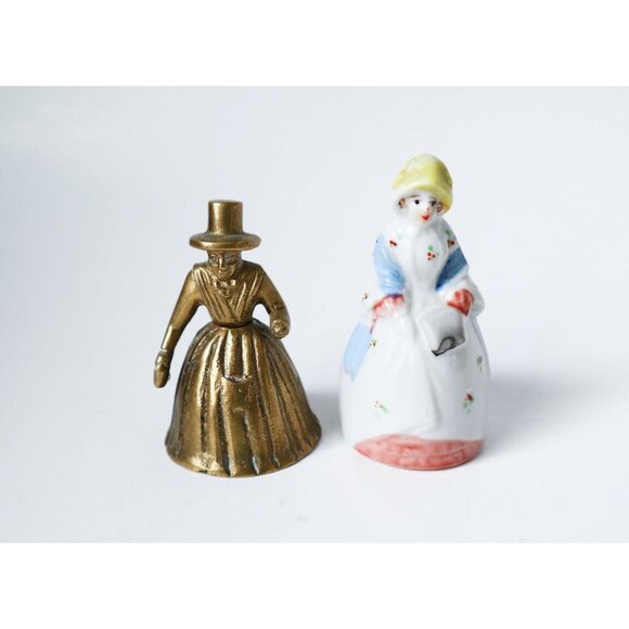 2 Vintage Small Bells Brass Welsh Lady Porcelain Colonial Lady Figural Bell - Picture 1 of 4